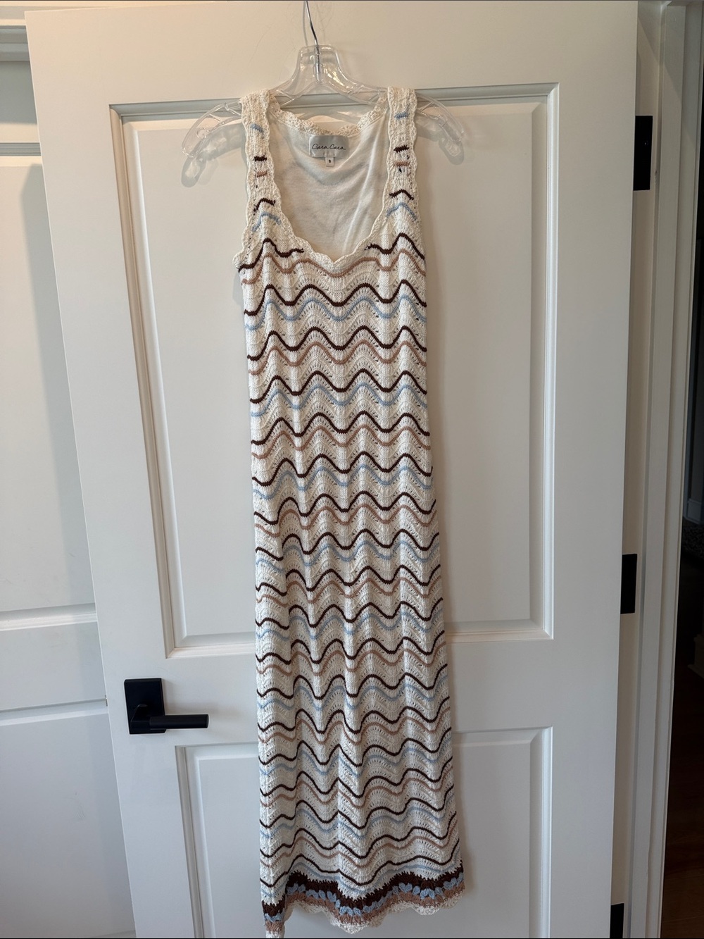 Cara Cara Cream Crochet Knit Maxi Dress with Brown and Light Blue Waves